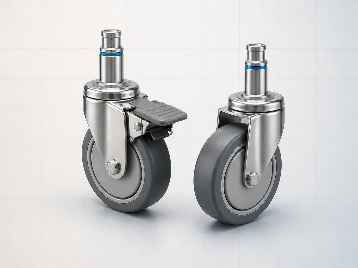 Two stainless-steel medical equipment casters