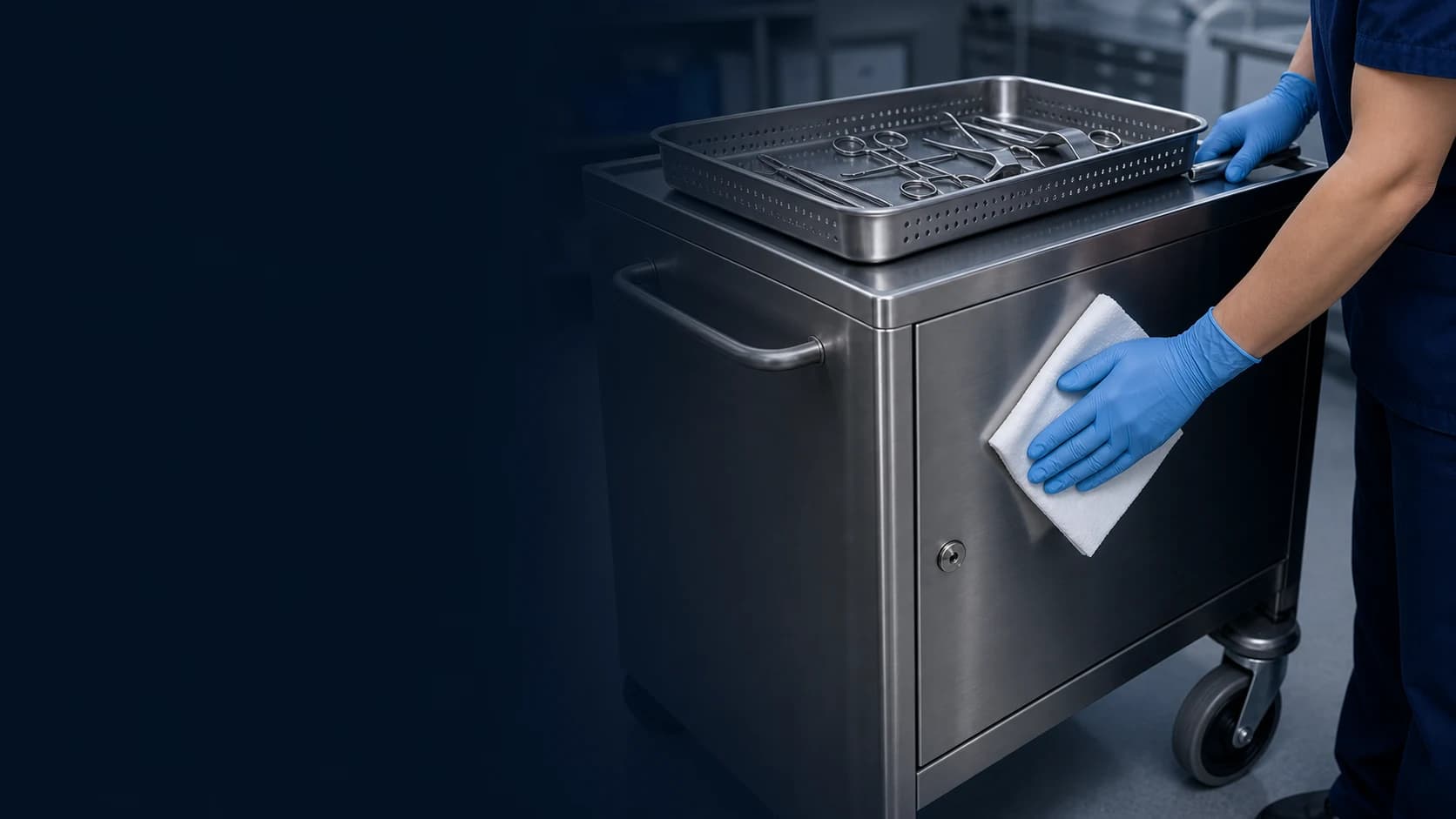 A gloved technician wiping down a stainless steel case cart holding a tray of surgical instruments