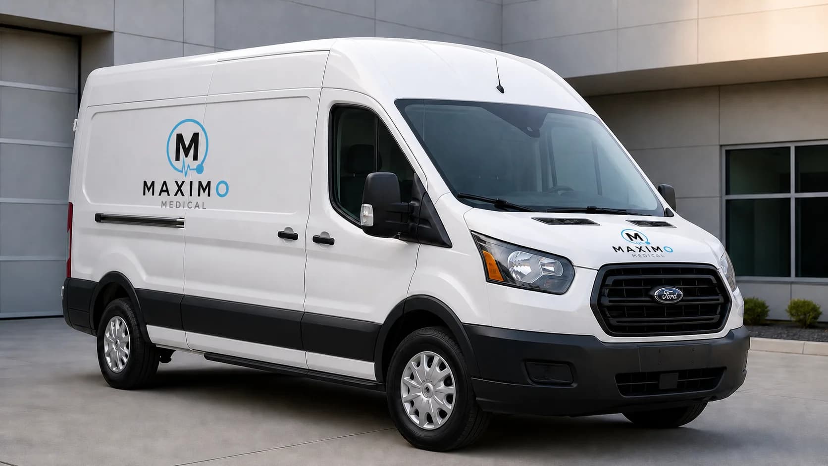 Maximo Medical mobile service van parked outside a healthcare facility