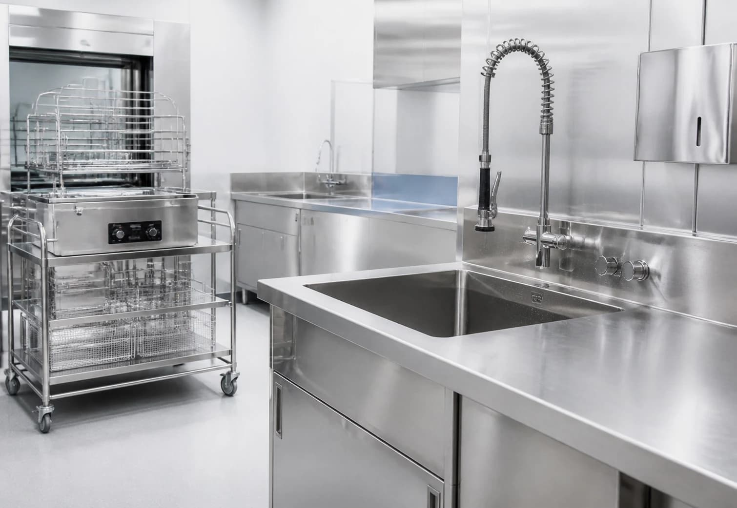 Freshly deep-cleaned stainless steel sink, washer rack, rolling cart, and work surfaces in a clinical facility
