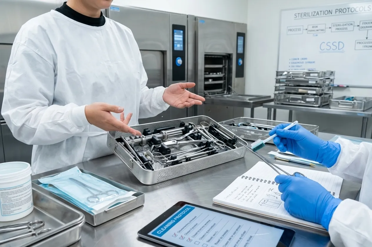 Sterile processing staff reviewing a tray of instruments against a cleaning protocol checklist