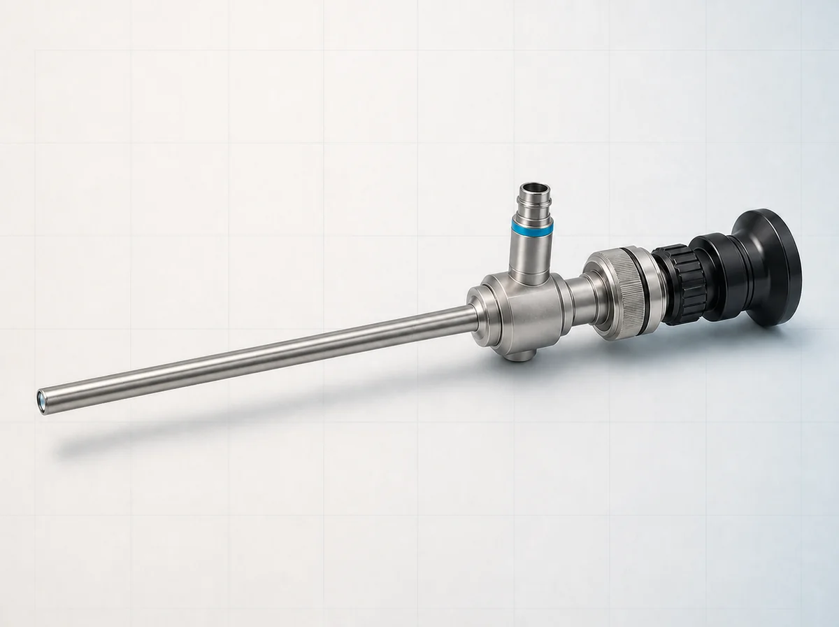 Rigid endoscope with a stainless-steel shaft and black eyepiece