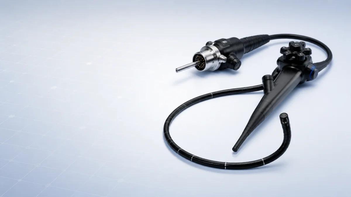 Flexible endoscope with a camera head and cable on a light technical grid