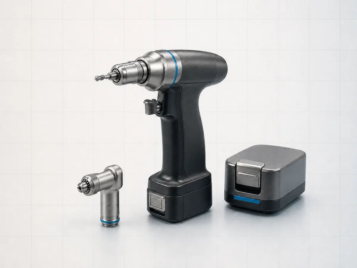 Surgical power drill, battery, and attachments on a light technical grid