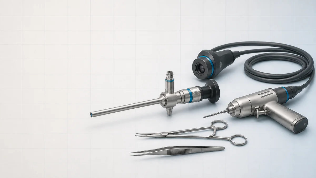 Surgical instruments, an endoscope, a surgical camera, and power equipment arranged on a precision grid